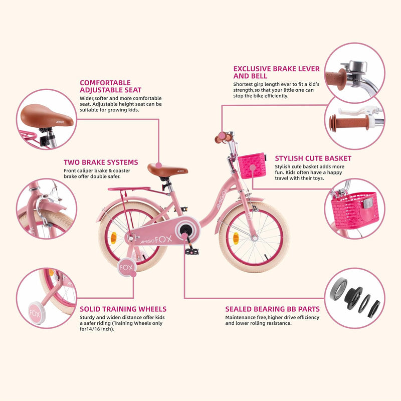 ROYALBABY PRINCESS GIRLS KIDS BIKE 14 INCH WITH BASKET FOR AGE 3-12 AMIGO/PINK - Like New