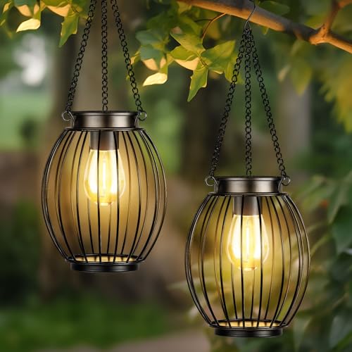 VERRON SOLAR LIGHTS HANGING LANTERNS METAL TREE LIGHTS WITH HOOK 2 PACK BLACK - Brand New