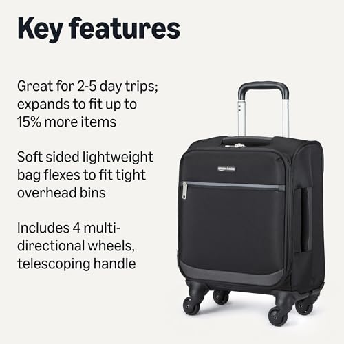 AMAZON BASICS LUGGAGE, 18 SMALL SOFTSIDE CARRY-ON 360-VALUE WHEELS - BLACK - Brand New