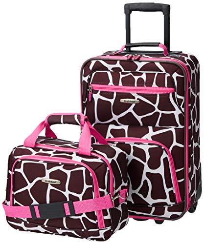 ROCKLAND 2 PIECE LUGGAGE SET CARRY-ON ROLLING SUITCASE TOTE BAG PINK GIRAFFE - Like New