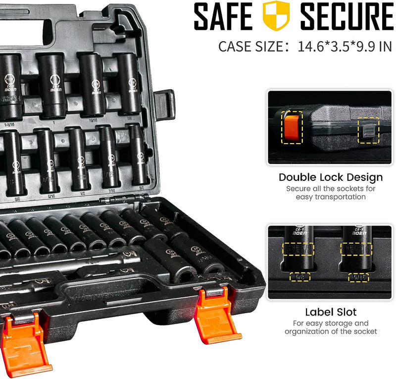 BOEN S2 35-Piece 1/2" Drive Deep Impact Socket Set 3/8"-1-1/4" &  8-24mm - Black - Like New