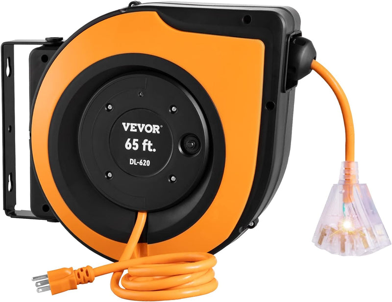 VEVOR Retractable Extension Cord, 65 FT, 12AWG, 3x Outlets, 15A, DL-620 - ORANGE - Like New