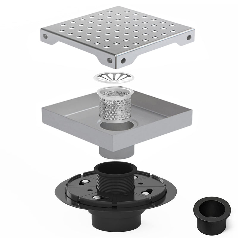 MODBATH 6" HIGH FLOW SQUARE SHOWER FLOOR DRAIN, REMOVABLE GRATE, BRUSHED NICKEL - Like New