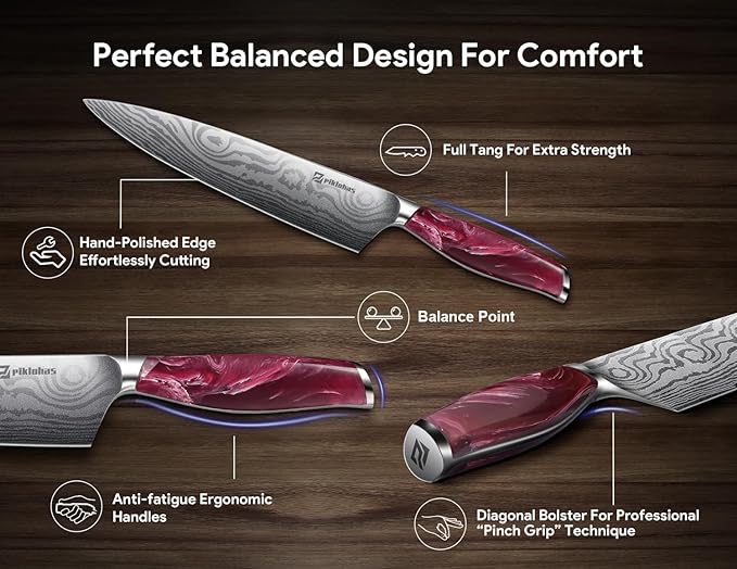 PIKLOHAS 14 Pieces Knife Set Magnetic Holder Ultra Sharp Stainless Steel - Red - Like New