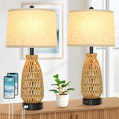 Set of 2 Rattan Table Lamps, 2 USB Ports, Woven Bedside, 26’’ Tall - Oatmeal - Brand New