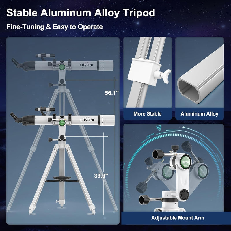 LUVONI 90mm Aperture 900mm Telescopes with Fine-tuning AZ Tripod - White Like New