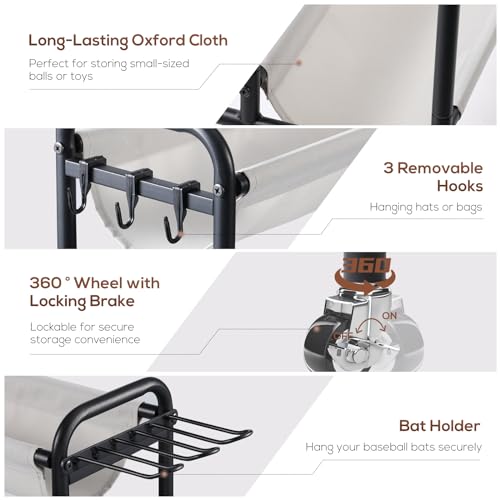 HOLBRETT BASKETBALL RACK ROLLING BALL STORAGE STAND WITH BASEBALL BT - BLACK - Like New