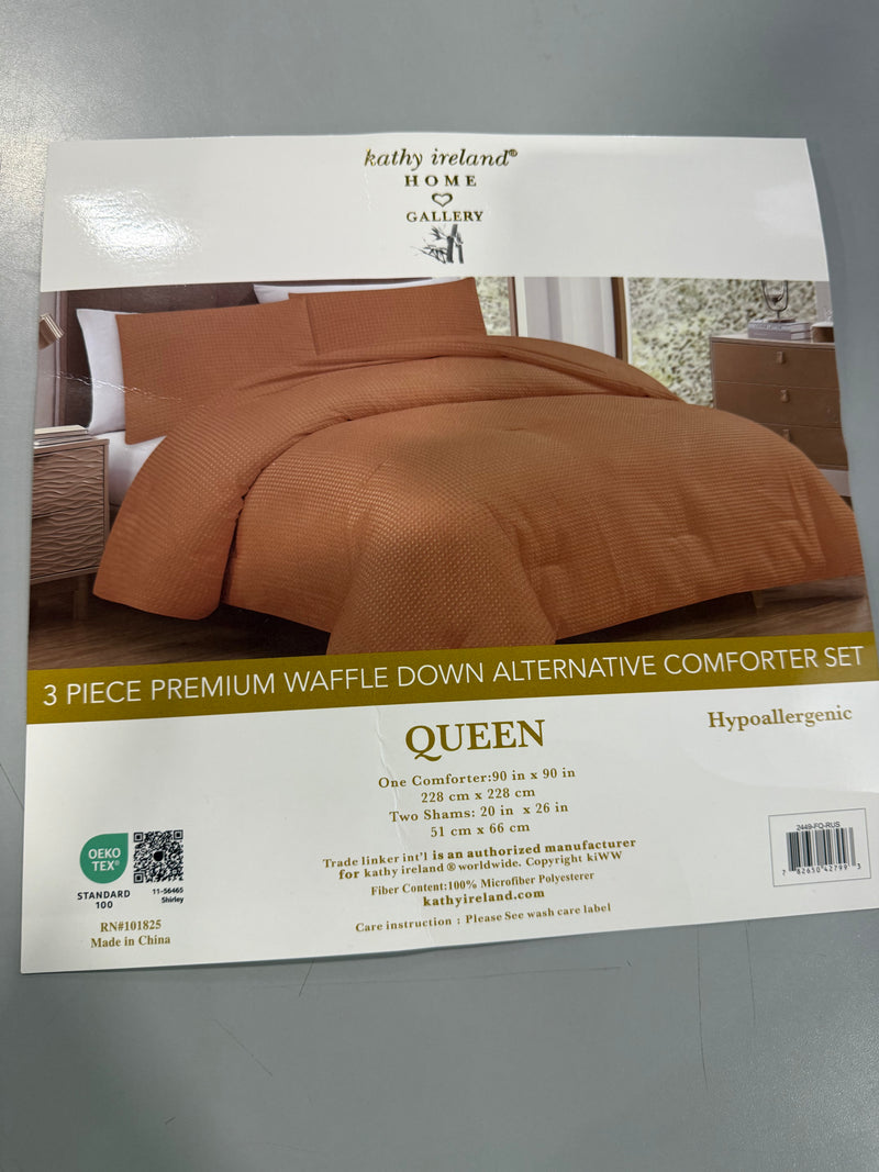 KATHY IRELAND 3 PIECE PREMIUM WAFFLE DOWN ALTERNATIVE COMFORTER SET QUEEN BROWN - Like New