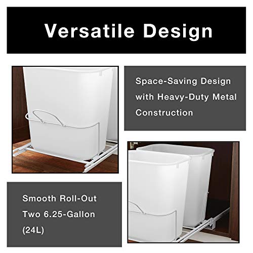 SMART DESIGN PULL OUT DUAL GARBAGE CAN SET OF 2, 6 GALLON WASTE BASKET - WHITE Like New