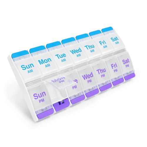 EZY DOSE PUSH BUTTON 7-DAY PILL CASE AM/PM, X-LARGE COMPARTMENTS - BLUE/PURPLE - Brand New