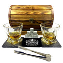 WoodWolf Whiskey Set in a Premium Wooden Barrel Whiskey Glasses Set of 2 - Brand New