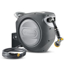 GLAHODEN RETRACTABLE GARDEN HOSE REEL 5/8 In X 100 Ft 9 PATTERN NOZZLE - GRAY - Like New