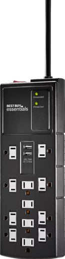 BEST BUY ESSENTIALS - 12 OUTLET/2 USB 1200 JOULES SURGE PROTECTOR STRIP - BLACK - Like New