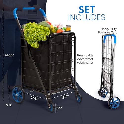 SereneLife Large Folding Utility Shopping Cart with Removable Liner - Blue - Like New
