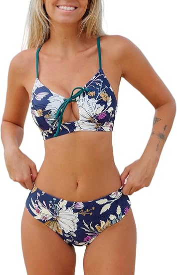 CUPSHE 2 PC REVERSIBLE LACE UP SWIMSUIT - SIZE: WOMEN M - TEAL AND FLORAL - Brand New