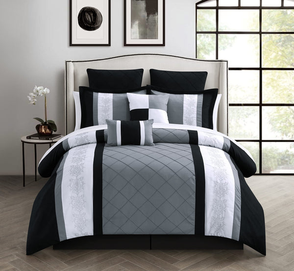 Chic Home 8-Piece Embroidery Comforter Set, Queen, Livingston Black - Like New