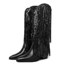 DOREENDORIS Fringe Boots for Women Metallic Cowboy Boots Pointed Toe - Brand New