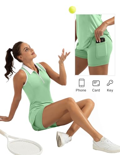 Fkeep Women's Golf Tennis Dress Activewear Zipper V-Neck Pocket Mint Green M - Brand New