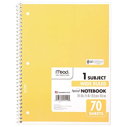 MEAD SPIRAL NOTEBOOK 1 SUBJECT WIDE RULED PAPER 70 SHEETS 10-1/2 X 8 YELLOW - Brand New
