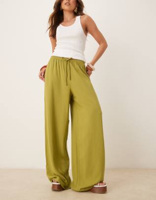 ASOS DESIGN LINEN LOOK PULL ON PANTS - SIZE: WOMEN L - OLIVE GREEN - Like New