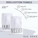 RAE DUNN HAND TOWEL, TWO PACK, 16X28, EMBROIDERED BLESSED/FAMILY - WHITE - Brand New