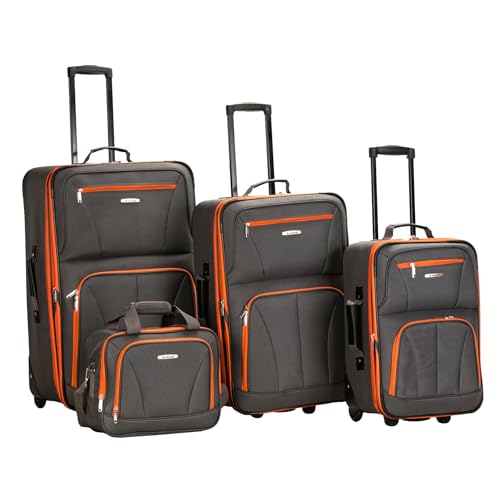ROCKLAND JOURNEY SOFTSIDE UPRIGHT LUGGAGE SET, 4-PIECE - CHARCOAL/ORANGE - Brand New