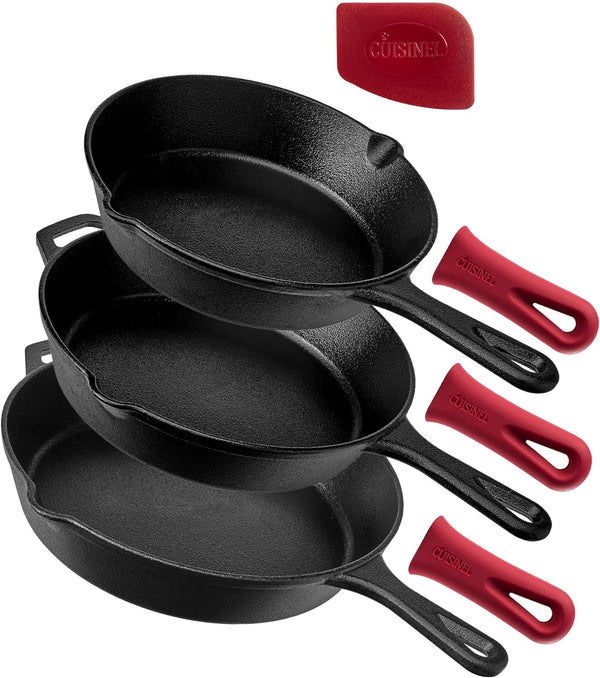 CUISINEL CAST IRON SKILLET SET 8" 10" 12" SILICONE HANDLE GRIP - Scratch & Dent