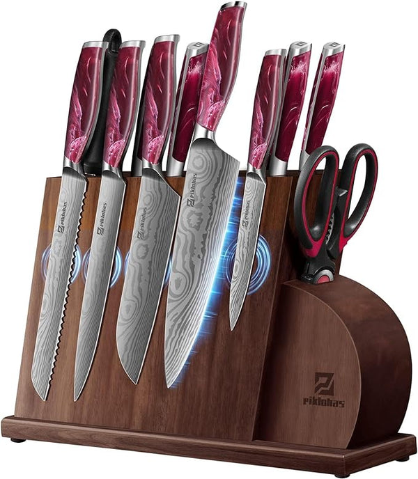 PIKLOHAS 14 Pieces Knife Set Magnetic Holder Ultra Sharp Stainless Steel - Red - Like New