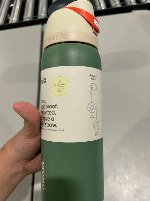 OWALA 32OZ FREE SIP STAINLESS STEEL BOTTLE A LIGHT GRAY TOP OF LID - DARK GREEN - Like New