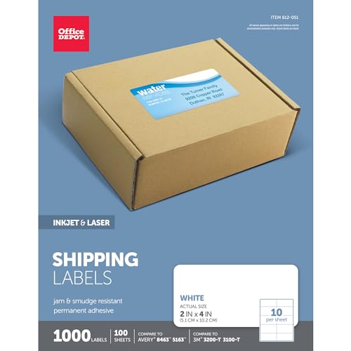 Office Depot White Inkjet/Laser Shipping Labels,2"x 4",1000 - Scratch & Dent