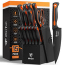 ODERFUN KNIFE BLOCK SET 15 PCS DISHWASHER SAFE KITCHEN KNIFE SET - BLACK ORANGE - Brand New