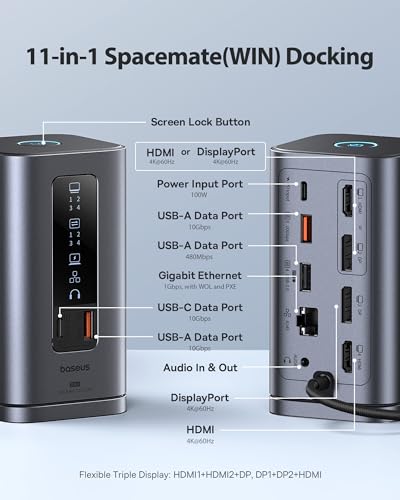 BASEUS DOCKING STATION, 11 IN 1, TRIPLE DISPLAY, 4K, USB PD - SPACE GRAY - Like New