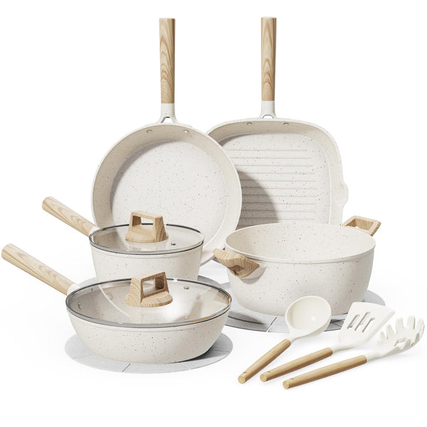 BAZOVA 14 Piece Pots Pans Set Non Stick Premium Ceramic Cookware - Cream White - Like New