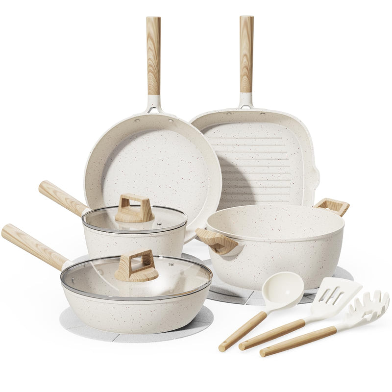 BAZOVA 14 Piece Pots Pans Set Non Stick Premium Ceramic Cookware - Cream White - Like New
