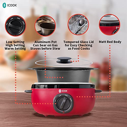 ICOOK USC-65-OP001RD 6.5 Quart Slow Cooker Aluminium Sear/Sauté Stew Pot - RED Like New