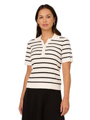 ADRIANNA WOMENS POINTELLE POLO STRIPED SWEATER-V-PLACKET--IVORY/BLACK--L - Brand New