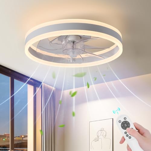 AHAWILL 15.7" LOW PROFILE CEILING FAN LIGHT REMOTE MODERN FLUSH MOUNT - WHITE - Brand New