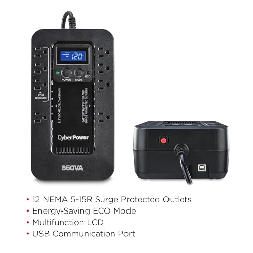 CYBERPOWER EC650LCD ECOLOGIC BATTERY BACKUP & SURGE PROTECTOR UPS SYSTEM - Like New