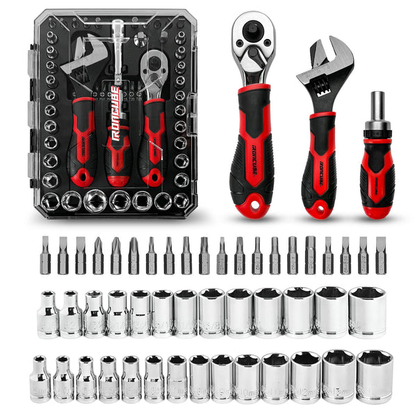 IRONCUBE 53-PIECE SOCKET RATCHET WRENCH 20-IN-1 WITH 2-IN-1 WRENCH BLACK/RED - Like New