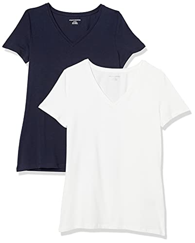 AMAZON ESSENTIALS WOMEN'S REGULAR-FIT V-NECK T-SHIRT XXL - NAVY/WHITE - Like New
