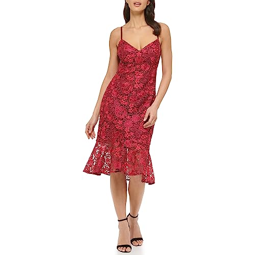 GUESS WOMEN'S LACE MIDI WITH FLOUNCE HEM DRESS - WOMEN 10 - WINE - Brand New