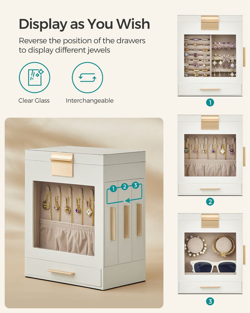 SONGMICS 5-LAYER JEWELRY ORGANIZER 3 SIDE DRAWERS - CLOUD WHITE/METALLIC GOLD - Like New