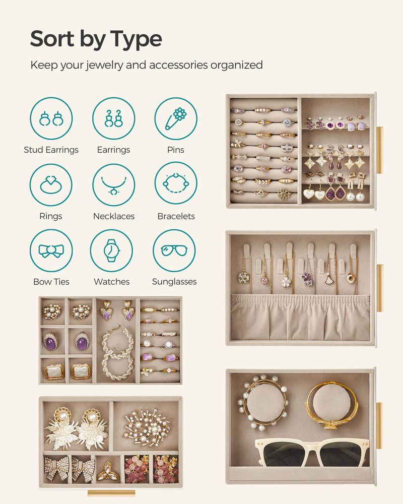 SONGMICS 5-LAYER JEWELRY ORGANIZER 3 SIDE DRAWERS - CLOUD WHITE/METALLIC GOLD - Like New