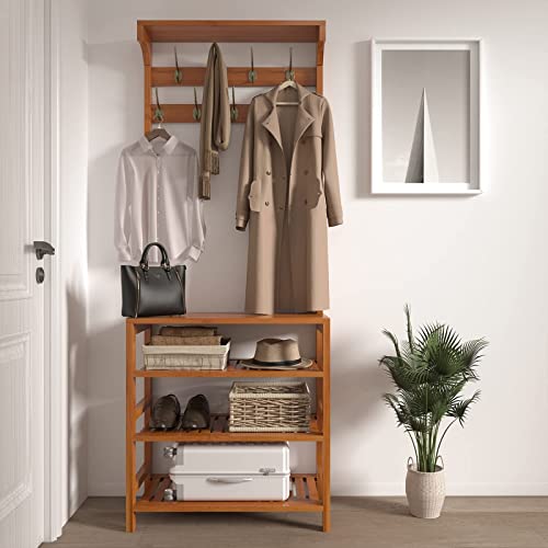 AKTOP ENTRYWAY COAT RACK SHOE STORAGE 4 IN 1 HALL TREE STORAGE 4T - NATURAL - Like New
