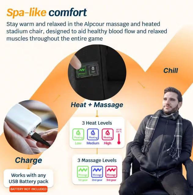 ALPCOUR HEATED MASSAGE RECLINING STADIUM SEAT 25" WIDE - BLACK - Brand New
