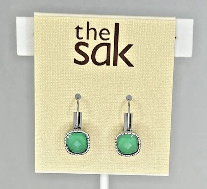 THE SAK CUSHION STONE LEVERBACK DANGLE EARRINGS NWT WOMENS - SILVER & AQUA - Like New