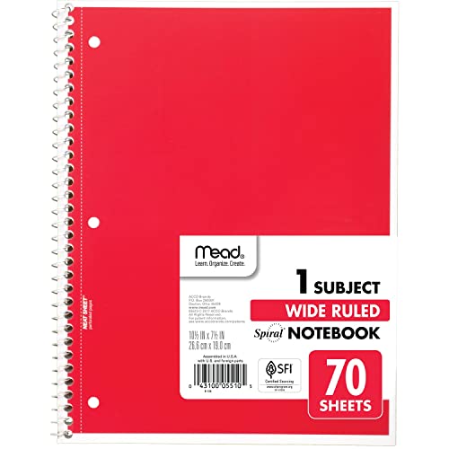 MEAD SPIRAL NOTEBOOK, 1 SUBJECT, WIDE RULED PAPER, 70 SHEETS, 05510AB5 - RED - Brand New