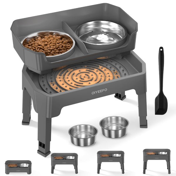 OIYEEFO 3 IN 1 LARGE ELEVATED DOG BOWLS 4 ADJUSTABLE HEIGHT BOWL - GRAY - Like New