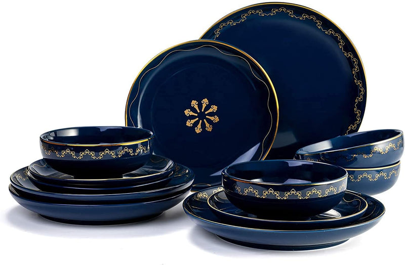 M-MAX Dinnerware Set Durable Ceramic, YUN-Blue-12 Piece - BLUE - Like New