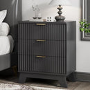 XIXINI FLUTED NIGHTSTAND 24" WIDE SIDE TABLE 3 LARGE STORAGE DRAWERS - BLACK - Like New